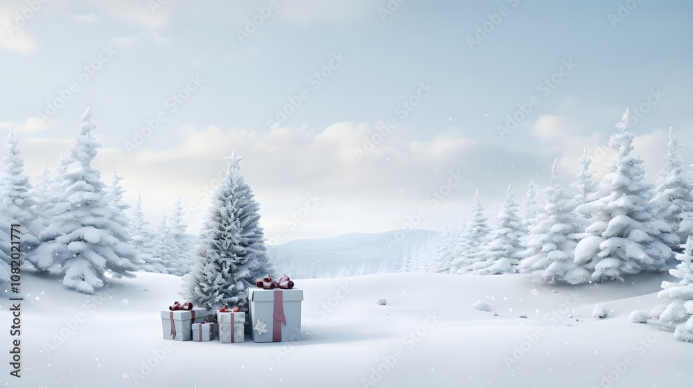 Fototapeta premium Christmas scene full of white space featuring only a lone present AI generated illustration