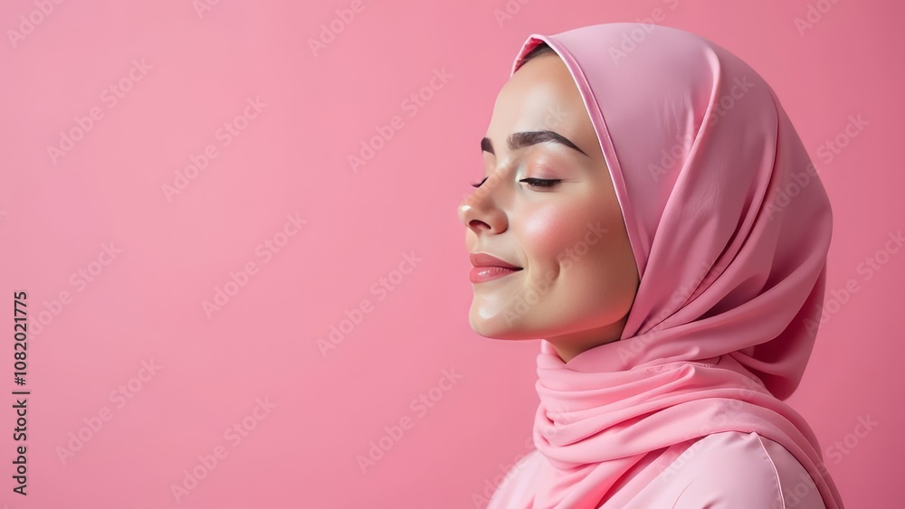 Elegant woman in pink hijab: confident and peaceful against a soft background Elegant woman in pink hijab: confident and peaceful against a soft background