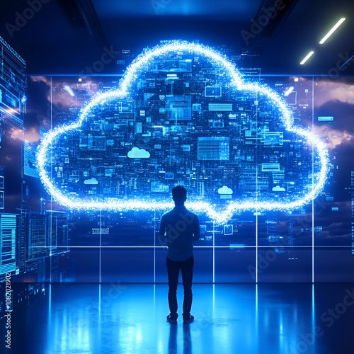 Digital cloud storage. Man standing in a room with a digital cloud that stores digital data. Concept of digital technology and cloud storage. Network and digital technology in global access.
