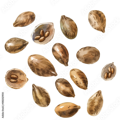 A watercolor clipart of a set of hemp seeds, isolated on a white background. Hemp seeds vector.