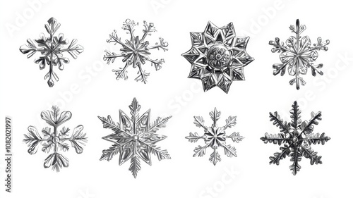 Drawing illustration collection of black and white pencil snowflakes isolated on a white background