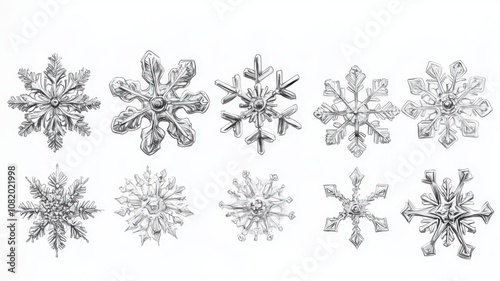 Drawing illustration collection of black and white pencil snowflakes isolated on a white background