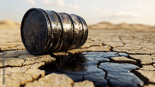 Black Crude Oil Spilling from Old Barrel onto Cracked Desert Landscape Harsh Environmental Impact