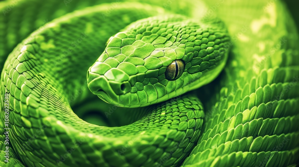 Close Up of Vibrant Green Snake Coiled in Nature's Lush Surroundings Close Up of Vibrant Green Snake Coiled in Nature's Lush Surroundings