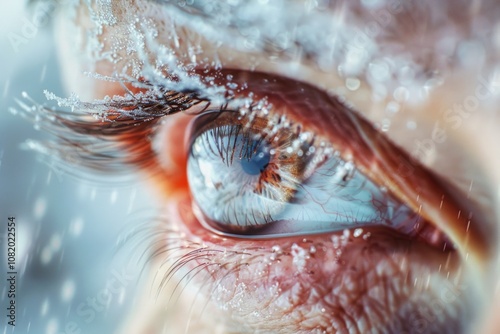 A detailed view of someone's eye covered in snow, with a hint of frostiness