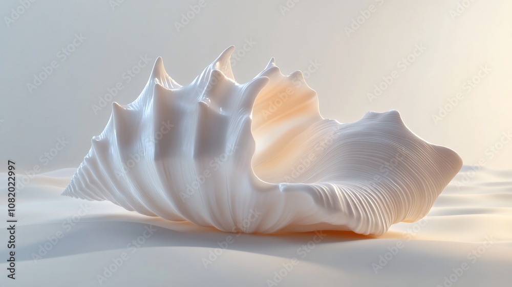 A large, white seashell with a textured, spiraled surface sits on a white background. The shell is lit from the left side, creating a dramatic shadow. A large, white seashell with a textured, spiraled surface sits on a white background. The shell is lit from the left side, creating a dramatic shadow.