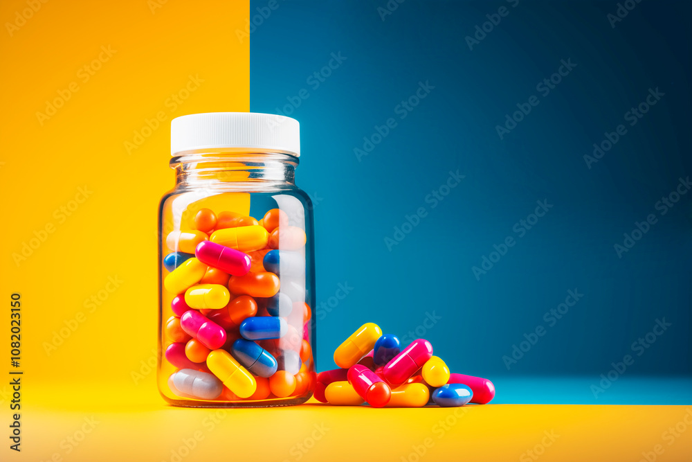 Bote de pastillas de colores sobre fondo de color. Medicina de antibióticos y antiinflamatorios. Concepto médico y saniario. Bote de pastillas de colores sobre fondo de color. Medicina de antibióticos y antiinflamatorios. Concepto médico y saniario.