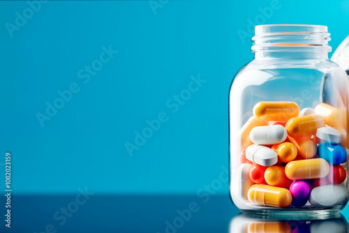 Bote de pastillas de colores sobre fondo de color con espacio para texto. Medicina de antibióticos y antiinflamatorios. Concepto médico y saniario.