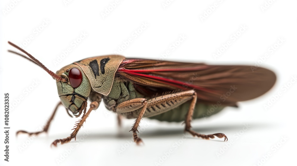 Close Up of a Vibrant Grasshopper with Intricate Details Against a White Background Close Up of a Vibrant Grasshopper with Intricate Details Against a White Background
