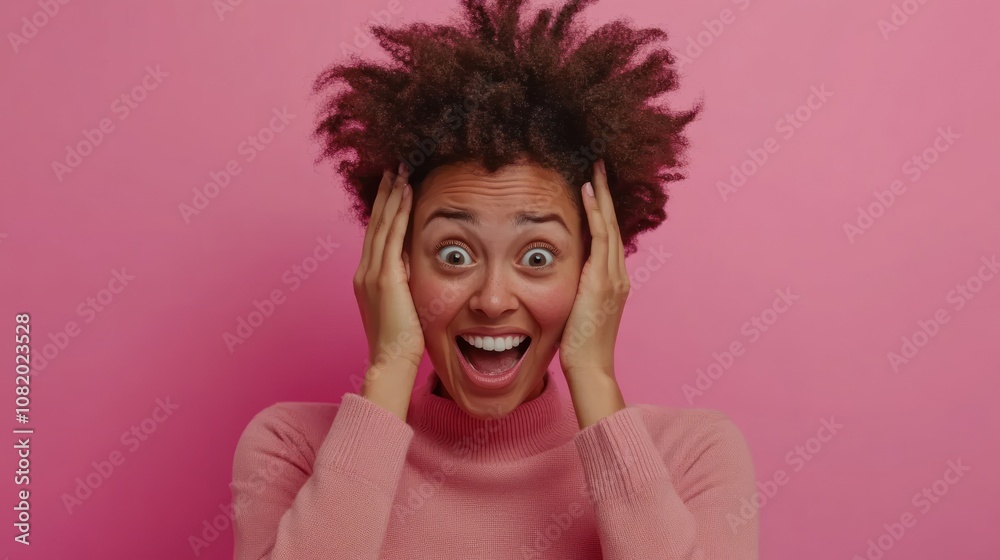 A joyful woman expressing excitement against a pink background. A joyful woman expressing excitement against a pink background.