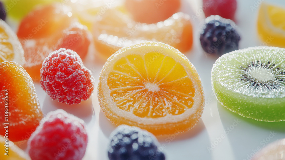 Close-up of colorful fruit-shaped gummy candies Close-up of colorful fruit-shaped gummy candies