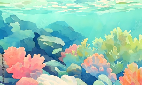Fototapeta Naklejka Na Ścianę i Meble -  Vibrant coral reef ocean watercolor illustration, Generative AI