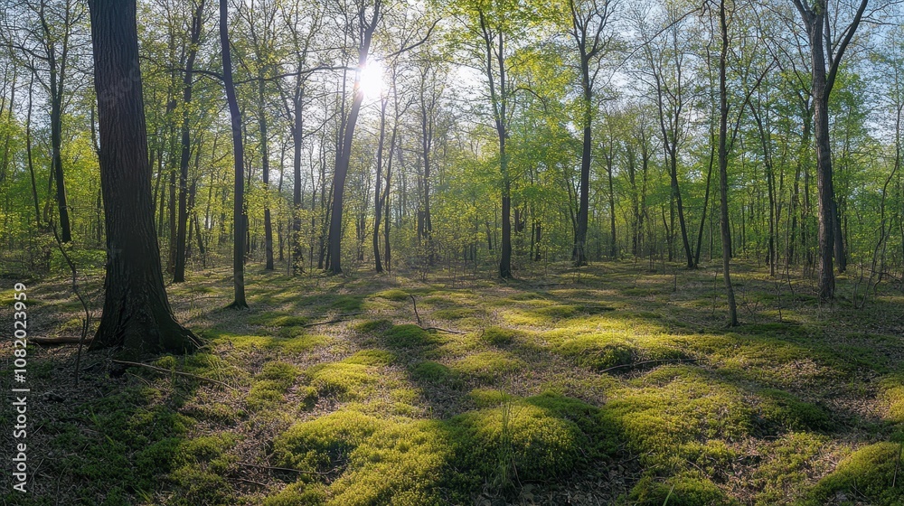 Fototapeta premium A tranquil forest clearing with sunlight filtering through the trees onto a carpet of moss.
