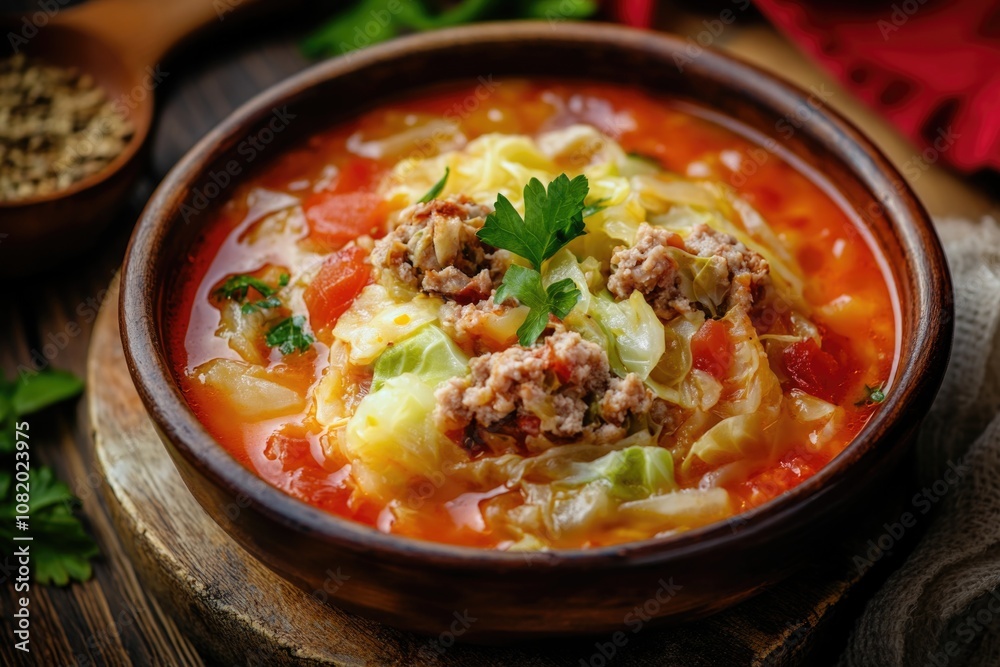 A warm and comforting bowl of soup sits atop a rustic wooden table, perfect for cozying up at home or in an outdoor setting A warm and comforting bowl of soup sits atop a rustic wooden table, perfect for cozying up at home or in an outdoor setting
