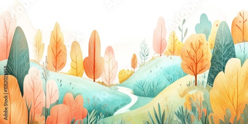 Whimsical Autumn Landscape with Colorful Trees and Rolling Hills
