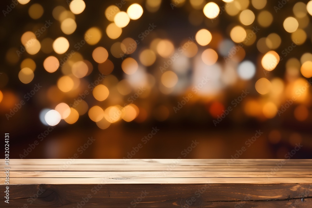 Empty wooden desk with space for product in background blurred Christmas bonfire AI generated illustration