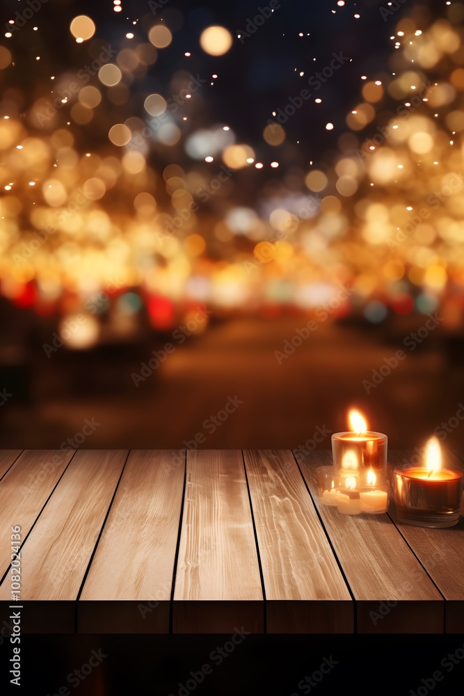 Empty wooden desk with space for product in background blurred Christmas bonfire AI generated illustration Empty wooden desk with space for product in background blurred Christmas bonfire AI generated illustration