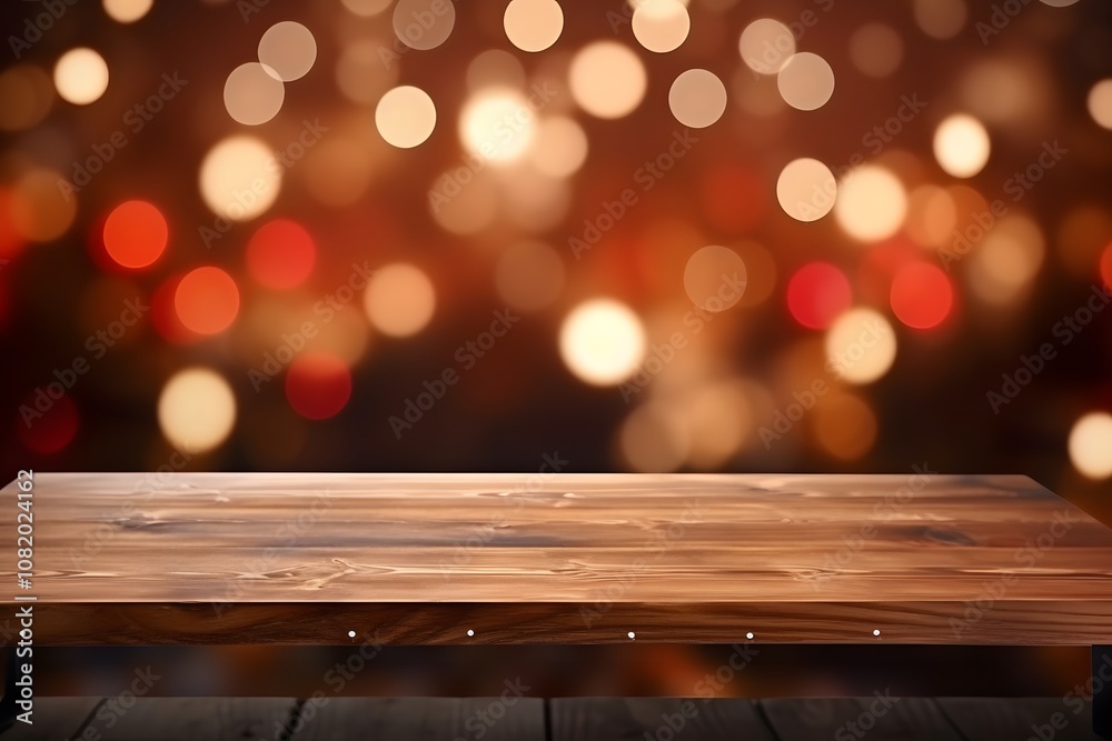 Empty wooden desk with space for product in background blurred Christmas bonfire AI generated illustration Empty wooden desk with space for product in background blurred Christmas bonfire AI generated illustration