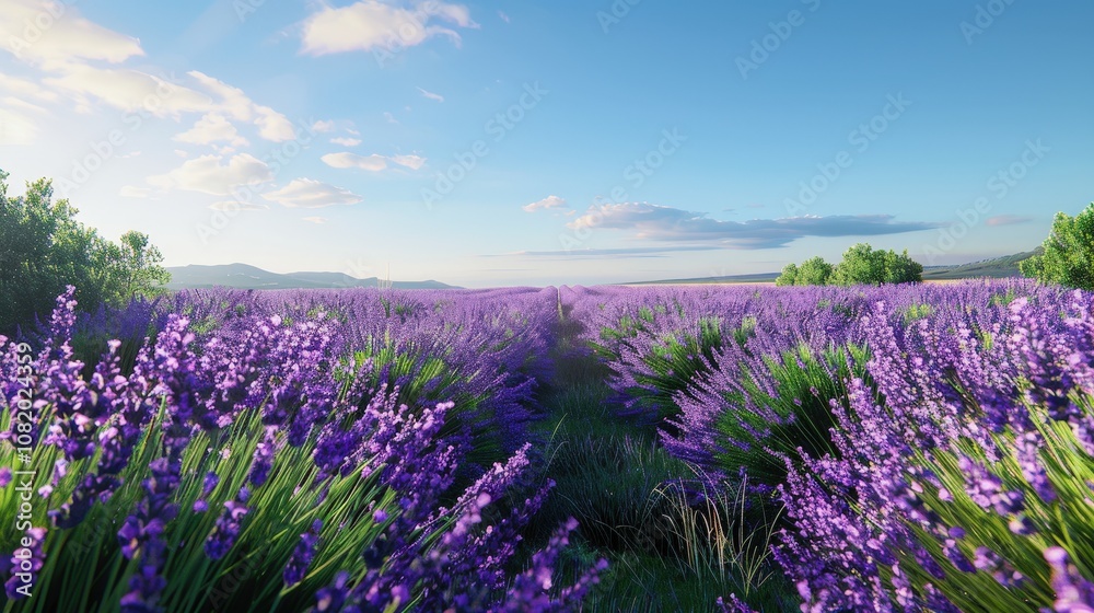 Naklejka premium Lush Lavender Field under Clear Blue Sky