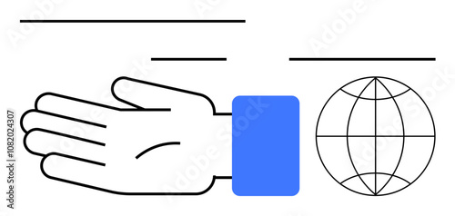 Open hand outlined in black with a blue sleeve, directed toward a minimalistic globe with latitude and longitude markers. Ideal for themes of support, outreach, globalization, unity, charity