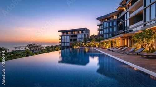 A modern apartment complex with a sleek infinity-edge outdoor pool at sunset, surrounded by elegant lounge chairs and tropical greenery.