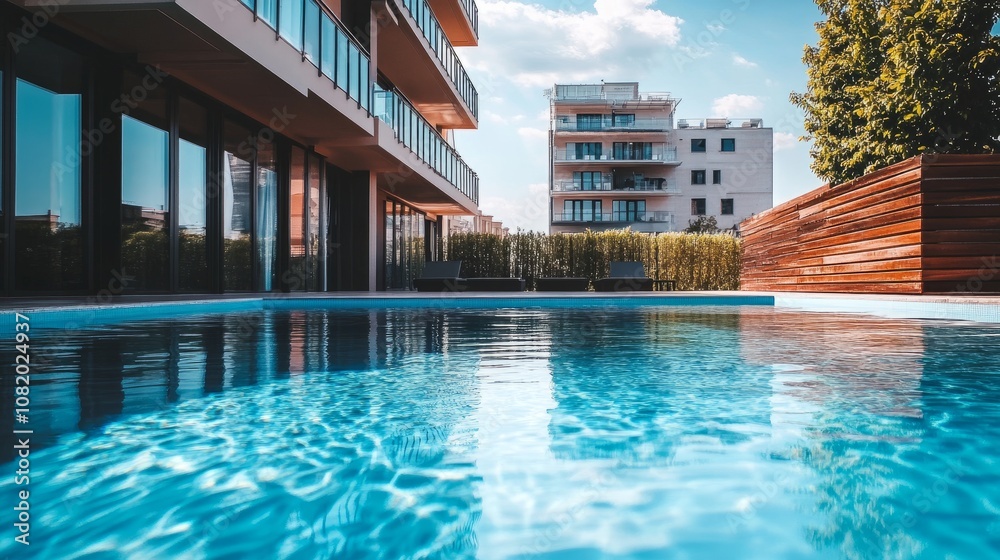 Fototapeta premium A serene infinity-edge pool surrounded by the contemporary architecture of a stylish apartment complex.