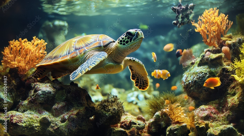 Fototapeta premium A turtle swimming peacefully in a coral reef, surrounded by small fish and aquatic plants.