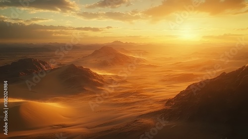 A vast desert with sand dunes, captured at sunrise with the golden light casting long shadows.