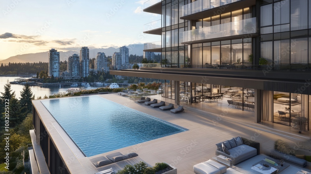 Aerial shot of a modern apartment complex with an expansive infinity-edge pool and lounge area. Aerial shot of a modern apartment complex with an expansive infinity-edge pool and lounge area.