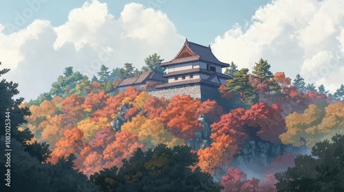 Hilltop Japanese castle with maple forests stone walls and diffused light photo