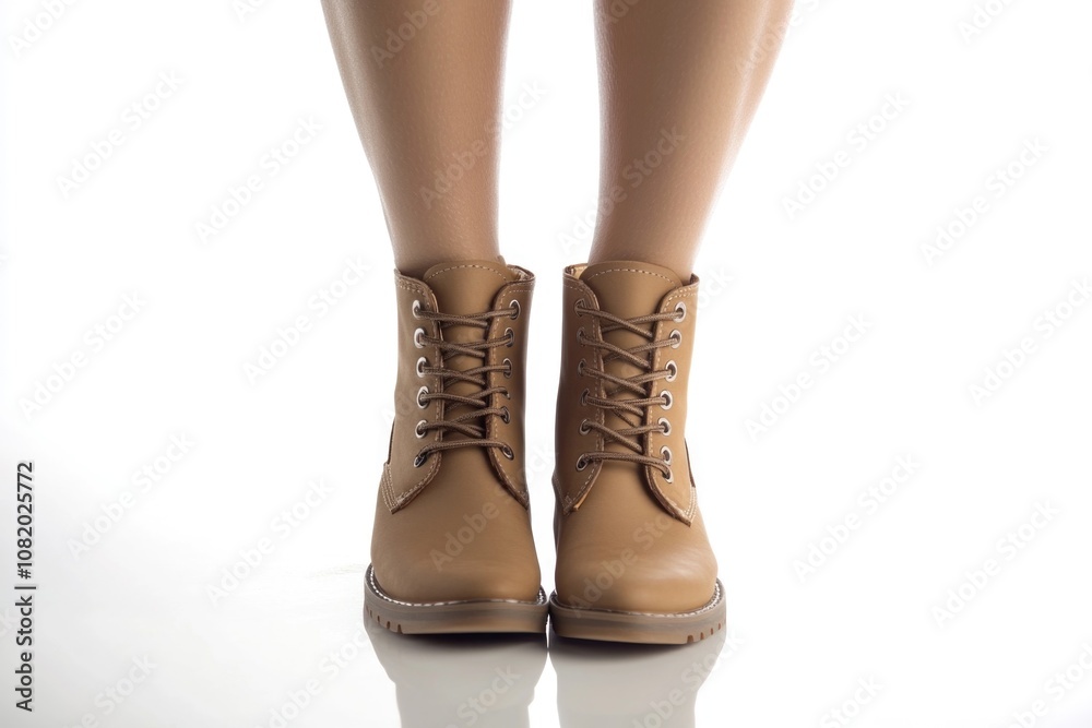 A close-up shot of a person's legs wearing brown boots, ideal for use in travel or outdoor-themed projects A close-up shot of a person's legs wearing brown boots, ideal for use in travel or outdoor-themed projects