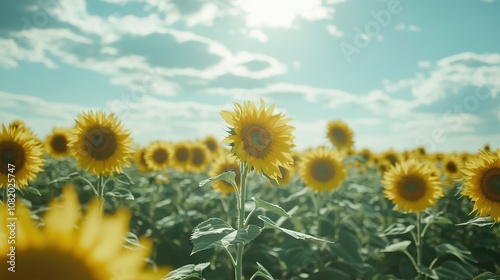 A vibrant field of sunflowers reaching toward the sky on a bright summer day. photo