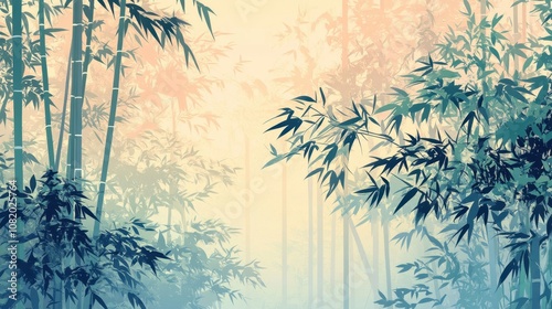 Sunlight breaks through bamboo leaves dappled ground and dusk sky transitions photo