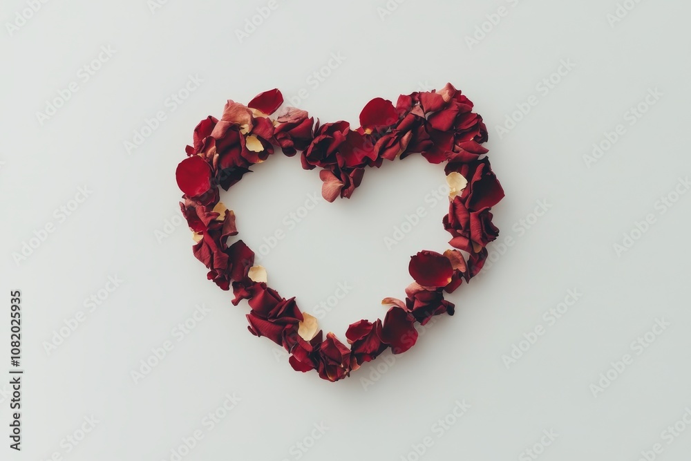 A heart shape formed by scattered red rose petals arranged on a white surface, perfect for celebrating love and affection A heart shape formed by scattered red rose petals arranged on a white surface, perfect for celebrating love and affection