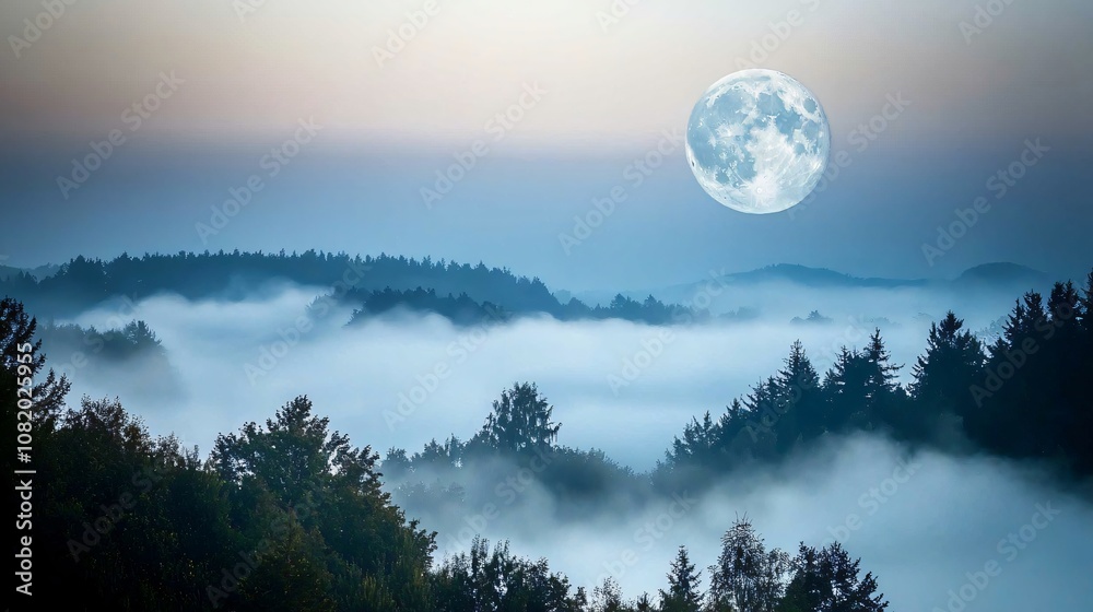 A full moon illuminates misty forests creating a serene nightscape with ethereal beauty A full moon illuminates misty forests creating a serene nightscape with ethereal beauty