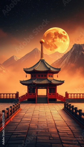 view of a pagoda with a full moon in the background