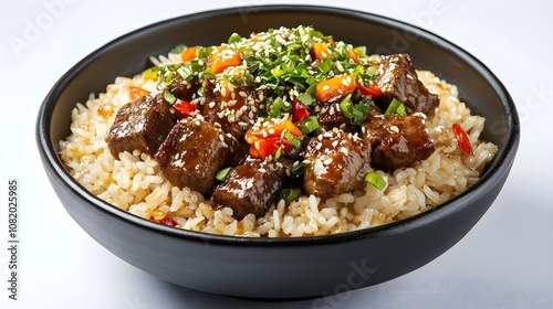 Asian food boiled rice with meat with sweet and sour sauce, spices and herbs