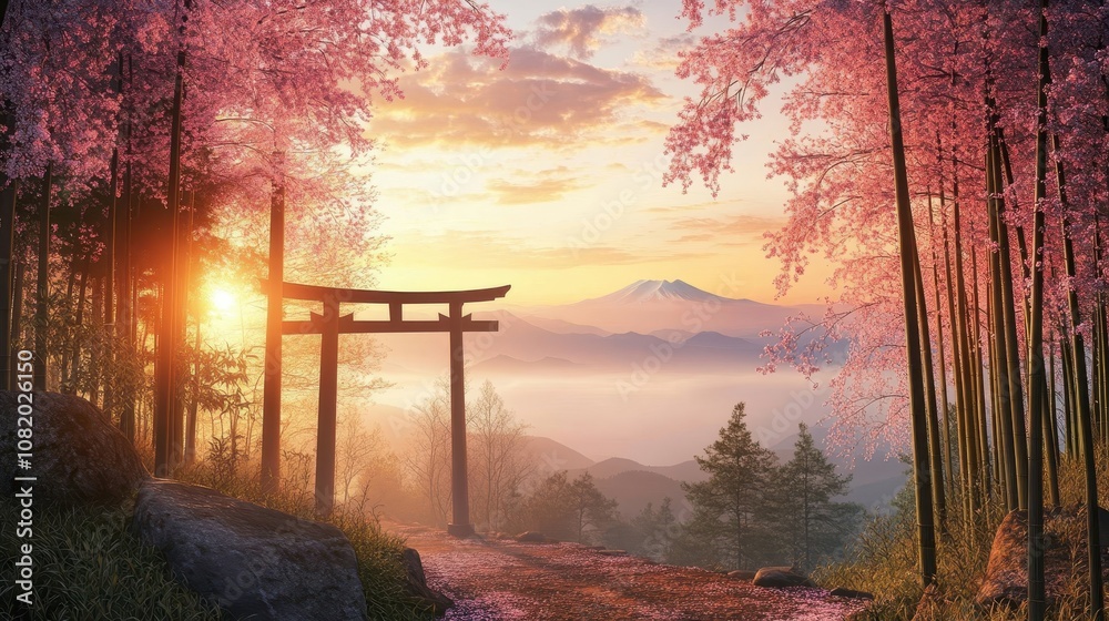 Cherry blossoms and bamboo frame torii gate distant misty mountains serene Cherry blossoms and bamboo frame torii gate distant misty mountains serene