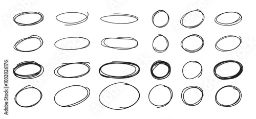 Highlight oval circle hand drawn doodle frames. Free pencil round lines. Round brush mark.