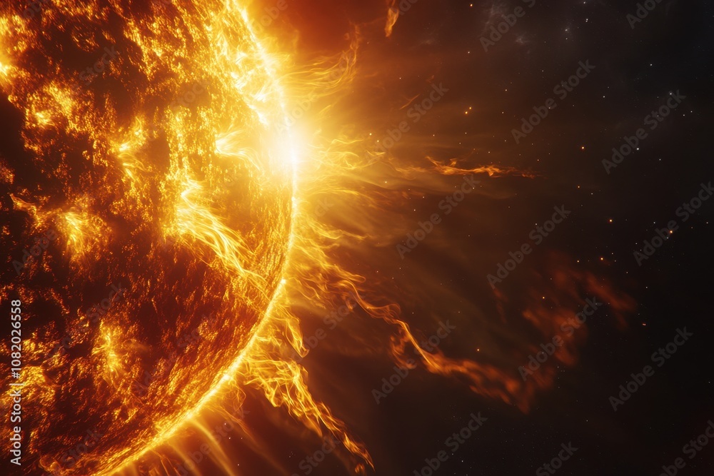 Stunning Close-Up of Solar Surface with Bright Flames and Fiery Flares Illuminating the Dark Cosmic Space in a Vivid Display of Solar Activity Stunning Close-Up of Solar Surface with Bright Flames and Fiery Flares Illuminating the Dark Cosmic Space in a Vivid Display of Solar Activity