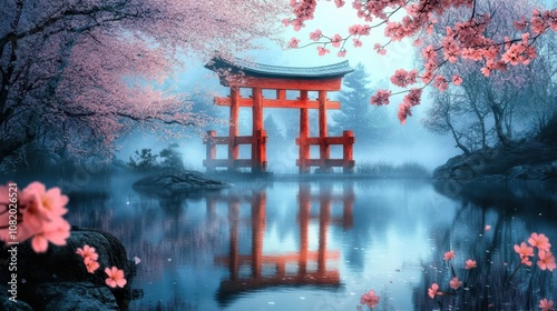 Serene water mirrors torii gate pastel sky and pink blossoms frame the view photo