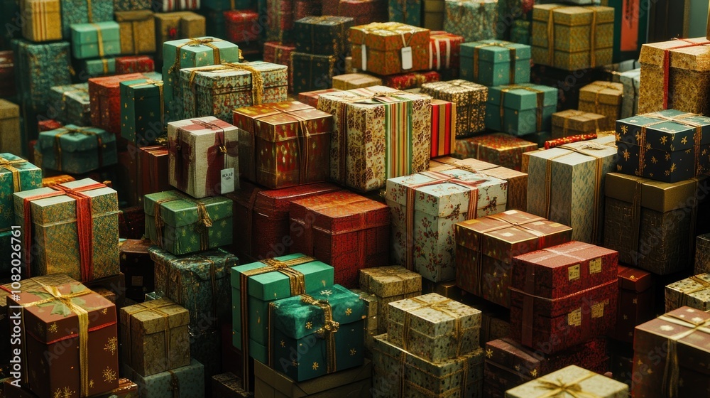 A colorful array of wrapped gifts stacked together. A colorful array of wrapped gifts stacked together.