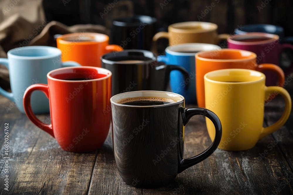 A group of coffee cups sits on a wooden table, perfect for a breakfast or brunch setting A group of coffee cups sits on a wooden table, perfect for a breakfast or brunch setting