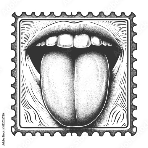 postage stamp featuring an open mouth with a tongue sticking out, blending pop art with vintage style sketch engraving generative ai vector illustration. Scratch board imitation. Black and white image