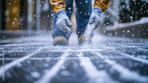 A dedicated city worker, properly equipped with gloves, is spreading salt on a snowy sidewalk to enhance pedestrian safety, thereby reducing the risks of accidents during the winter season photo