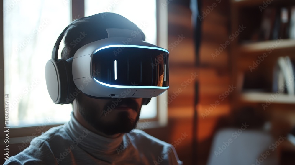 A virtual reality headset with a person immersed in a vivid digital environment. A virtual reality headset with a person immersed in a vivid digital environment.