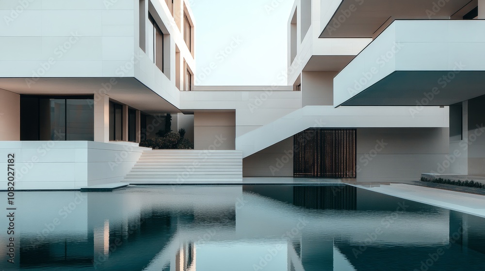 Luxury apartment complex with an infinity pool, featuring modern geometric architecture and clean lines. Luxury apartment complex with an infinity pool, featuring modern geometric architecture and clean lines.