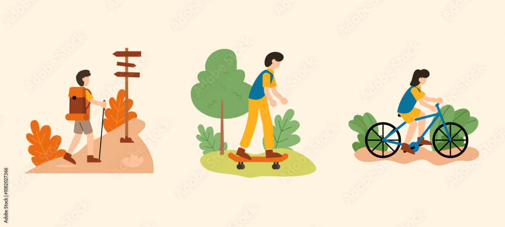Fototapeta premium Set of daily life scenes. Flat cartoon character illustration