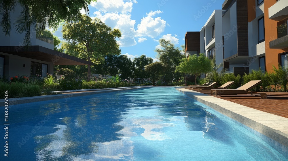 Modern apartment complex infinity pool with a tranquil atmosphere, surrounded by manicured gardens. Modern apartment complex infinity pool with a tranquil atmosphere, surrounded by manicured gardens.