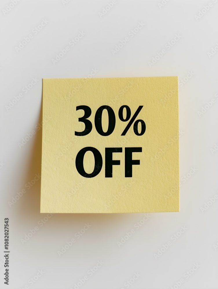 Black '30% OFF' Text on a Yellow Square Paper Note. White Background 
